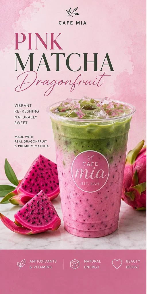 Pink Matcha Dragonfruit — real dragonfruit puree with A-Grade Uji matcha at Café Mia