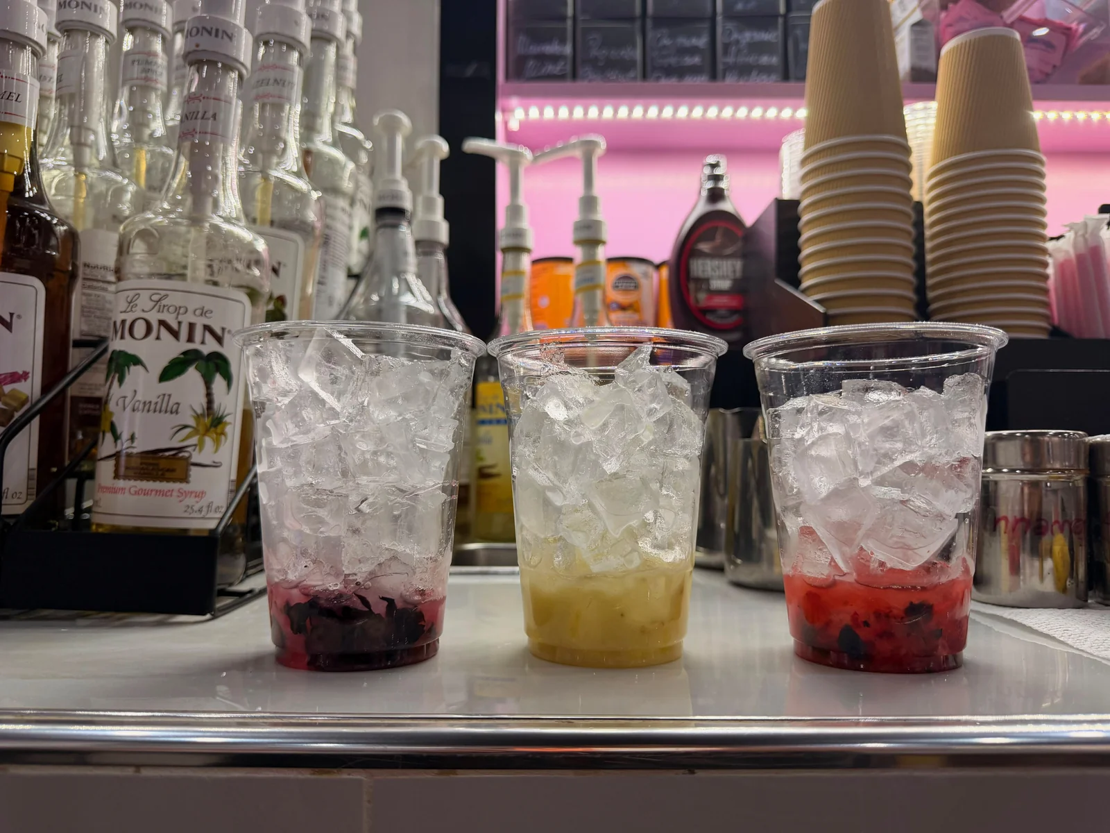 Fresh fruit blended into puree with ice on top — Café Mia's specialty drink prep