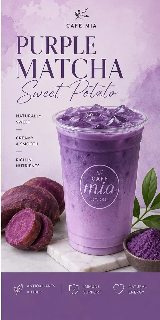 Purple Matcha Sweet Potato — roasted purple sweet potato cream with A-Grade Uji matcha at Café Mia