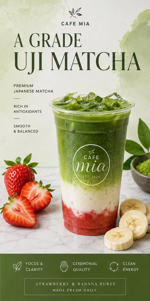 A-Grade Uji matcha at Café Mia — sustained caffeine energy without a crash